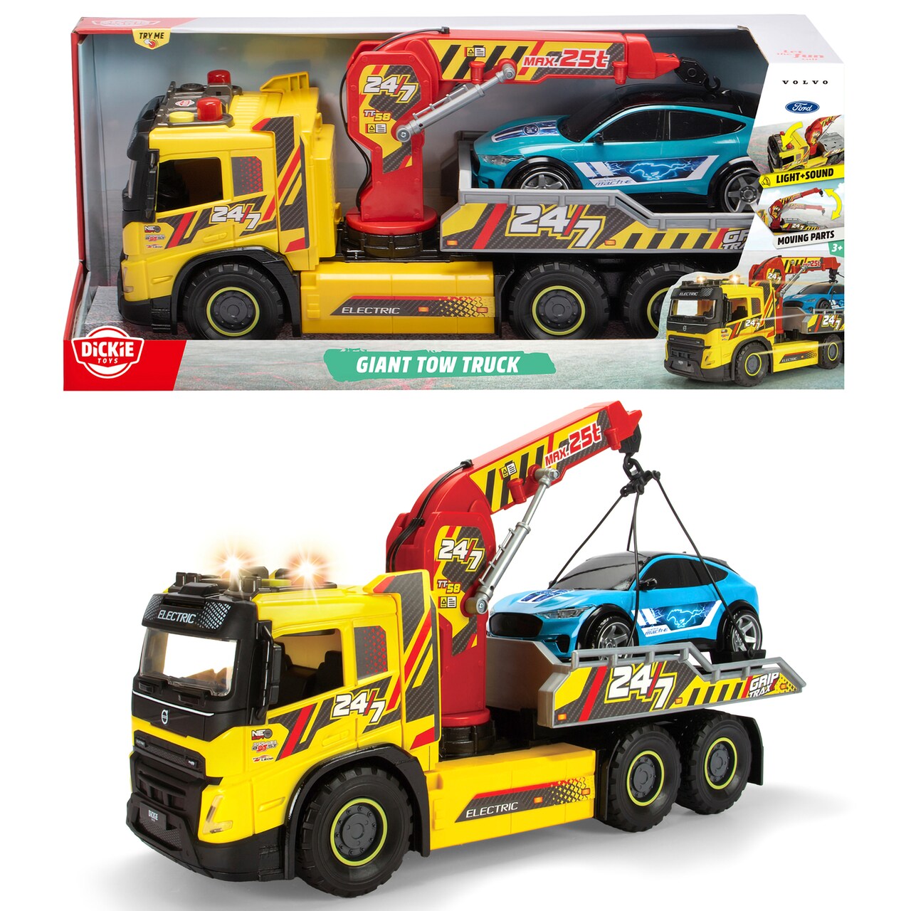 Dickie Toys: Giant Tow Truck – 1:16 Scale Volvo FMX Vehicle & Blue Toy Car, Manual Crane, Realistic Light & Sound Effects, Tilt Function, Kids 3+
